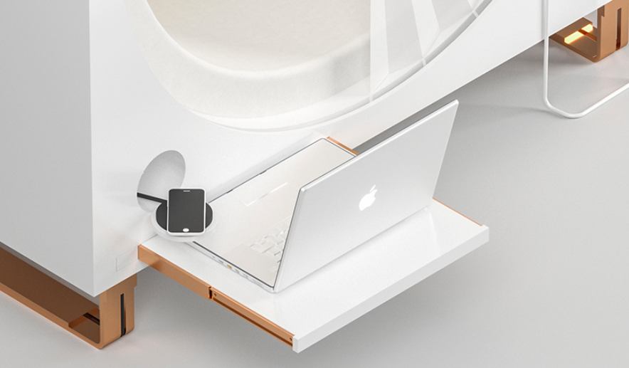 A small slide-out platform built into the Capsule custom window seat. 