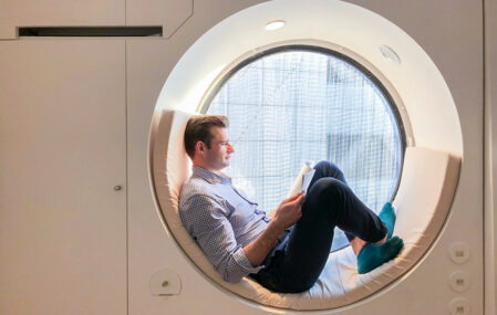 "Capsule" a custom-built circular window seat equipped with a ton of smart features.