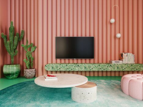 Living Coral being used heavily in a Mexican-inspired apartment designed by Dmitry Reutov.