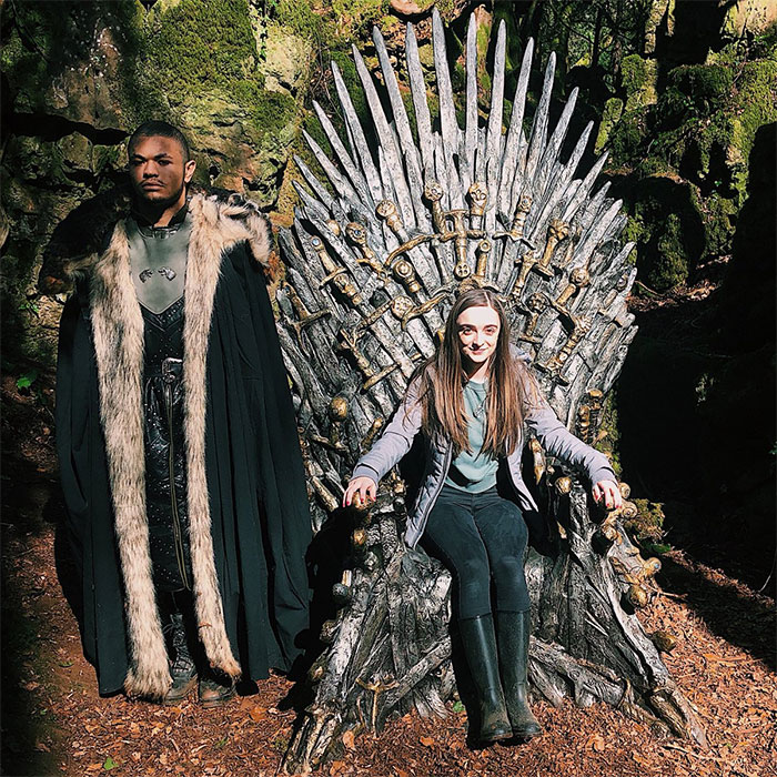 Game of Thrones fans pose with HBO's hidden "Throne of the Forest" in the UK.