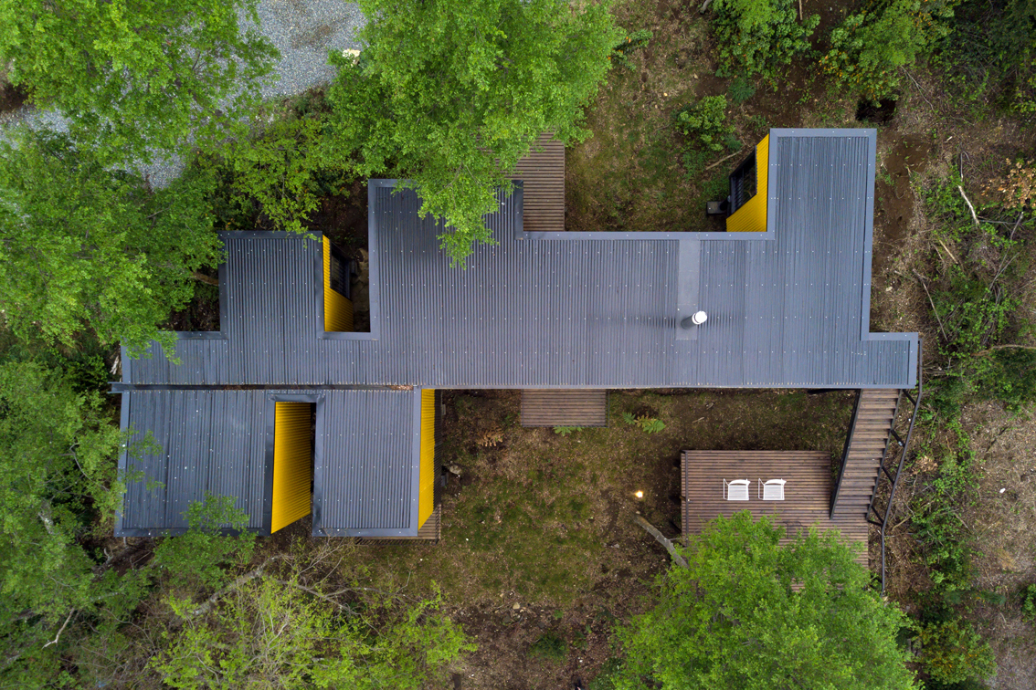 Aerial view of Alejandro Soffia's new "Yellow House" prefab home. 
