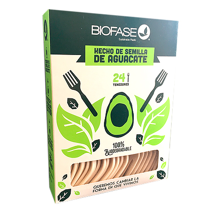 A pack of Biofase's biodegradable cutlery, which itself is made from discarded avocado pits.