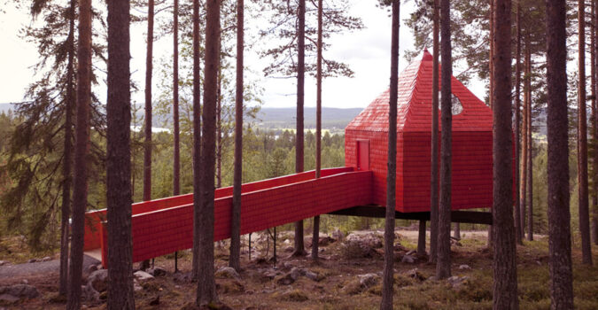 "The Blue Cone," one of several unique treehouse lodgings available at Sweden's Treehotel.