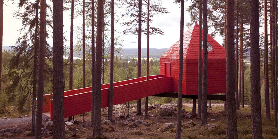 "The Blue Cone," one of several unique treehouse lodgings available at Sweden's Treehotel.