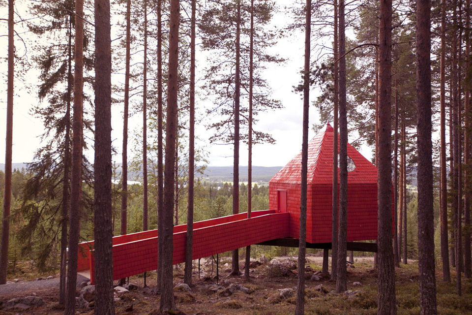 "The Blue Cone," one of several unique treehouse lodgings available at Sweden's Treehotel. 