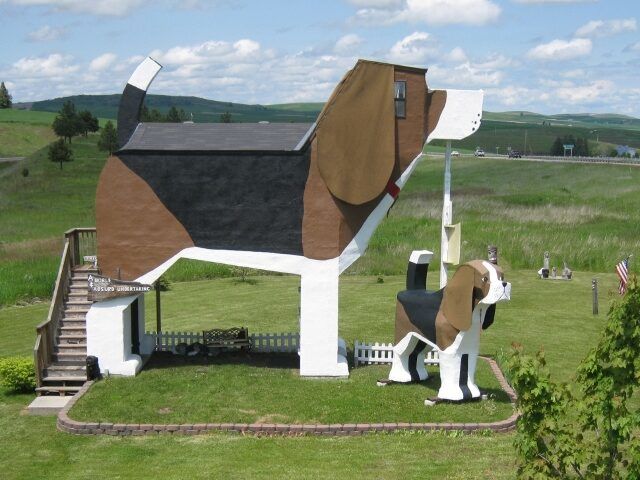 Exterior shot of the two giant beagles that make up the Dog Bark Park Inn Bed and Breakfast.