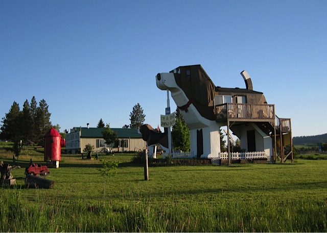 Exterior shot of the two giant beagles that make up the Dog Bark Park Inn Bed and Breakfast.