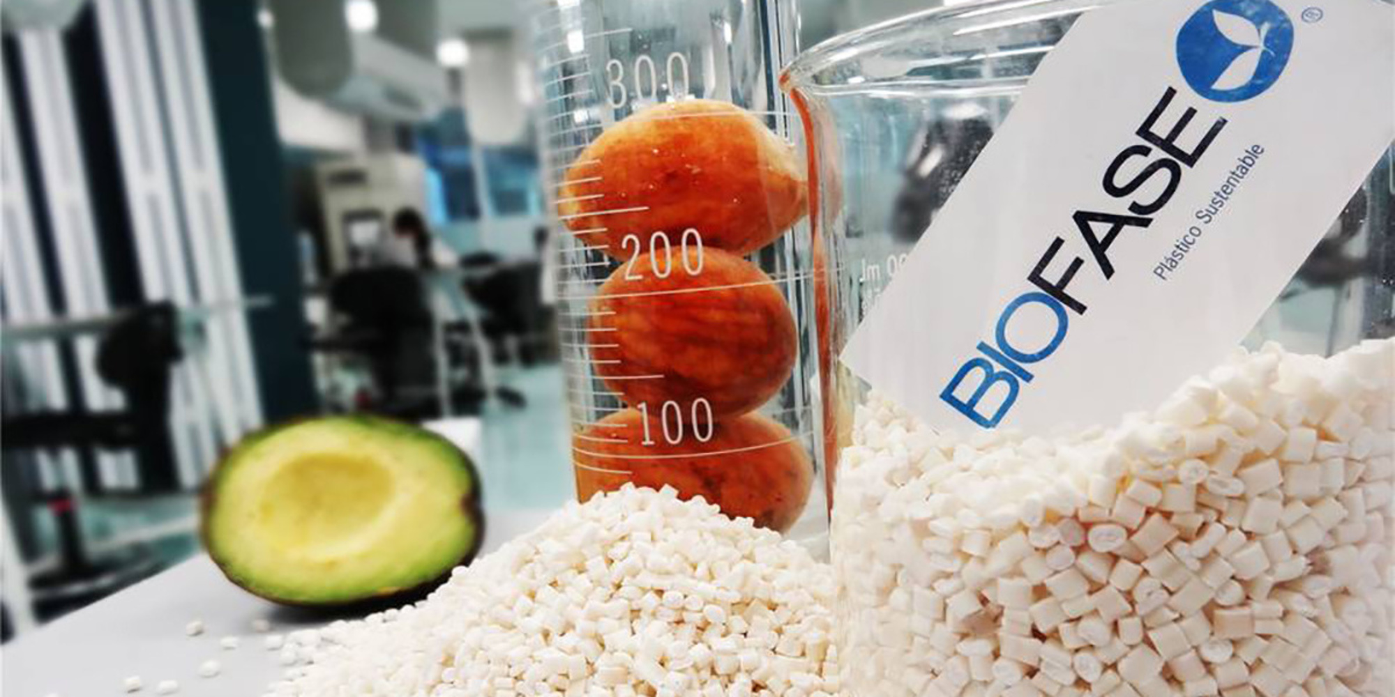 Jars filled with the biopolymer Biofase makes from discarded avocado pits. 