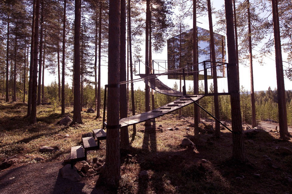"The Mirrorcube," one of several unique treehouse lodgings available at Sweden's Treehotel. 