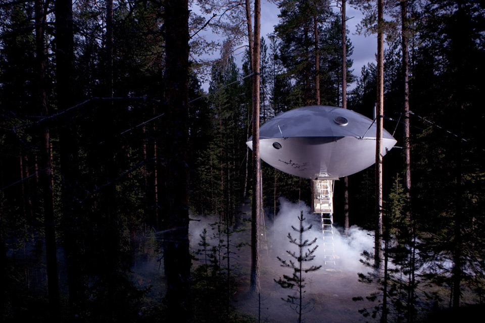 "The UFO," one of several unique treehouse lodgings available at Sweden's Treehotel. 