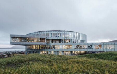 Exterior shot of Denmark's new Glasir Tórshavn College, designed by the Bjarke Ingels Group.