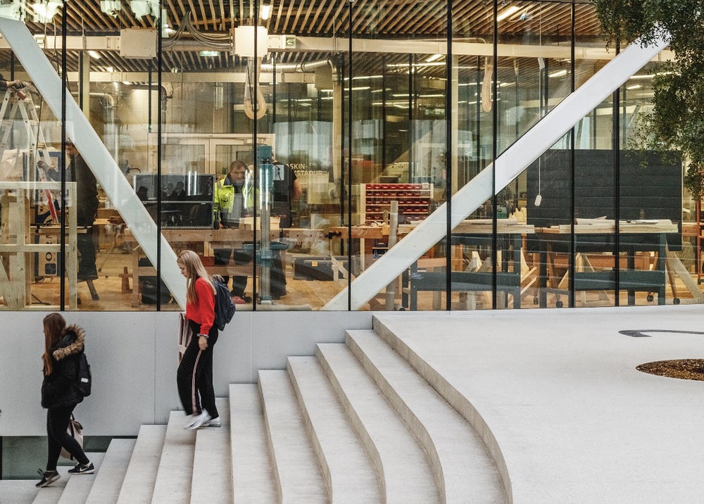 Students walk down the steps on Denmark's new Glasir Tórshavn College.