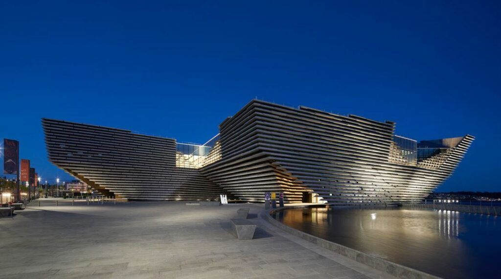 Exterior nighttime shot of Scotland's V&A Dundee design museum.