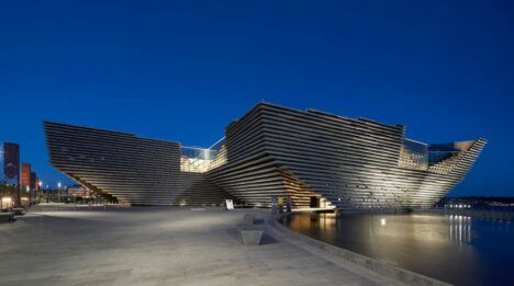 Exterior nighttime shot of Scotland's V&A Dundee design museum.