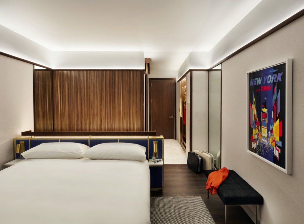 Inside of the TWA Hotel's luxurious guest rooms.