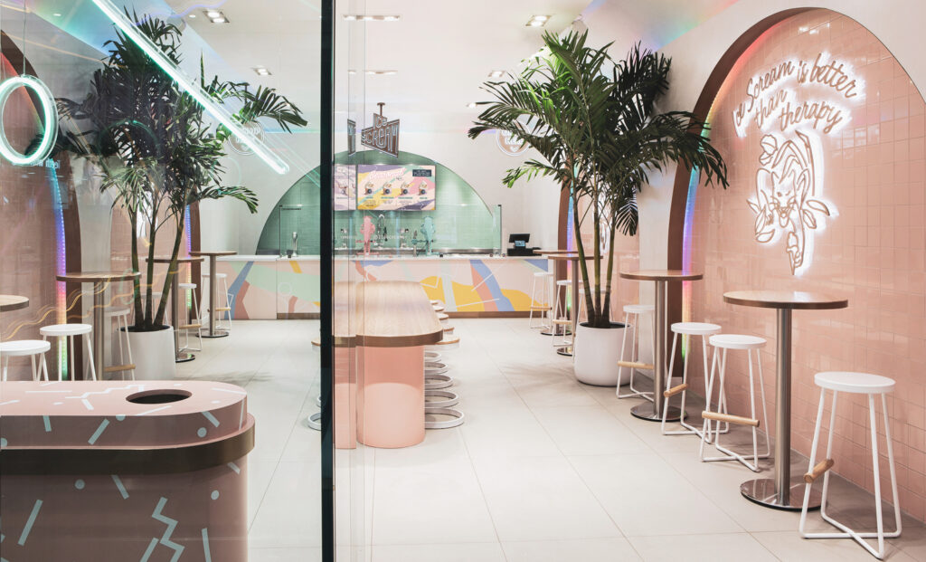The retro interiors of Ice Scream, a new liquid nitrogen ice cream parlor in the Bronx.