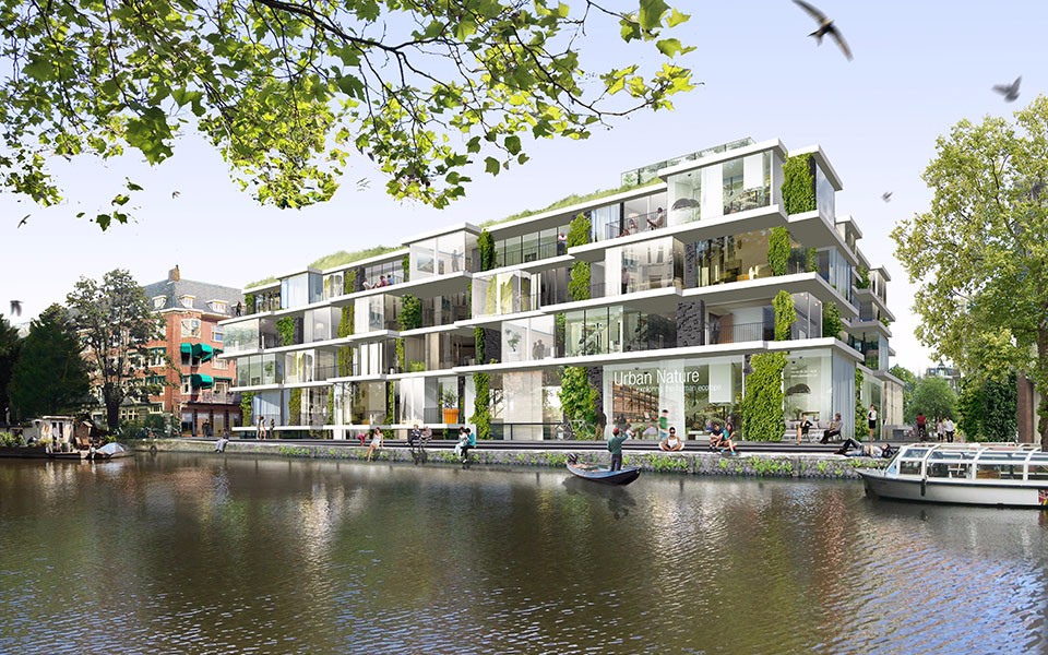 View of Amsterdam's new Groenmarkt apartment building from the nearest canal.