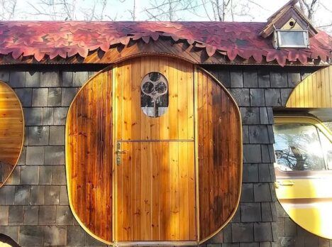 Close-up of the Hobbit door that leads into the Griswald tiny home.