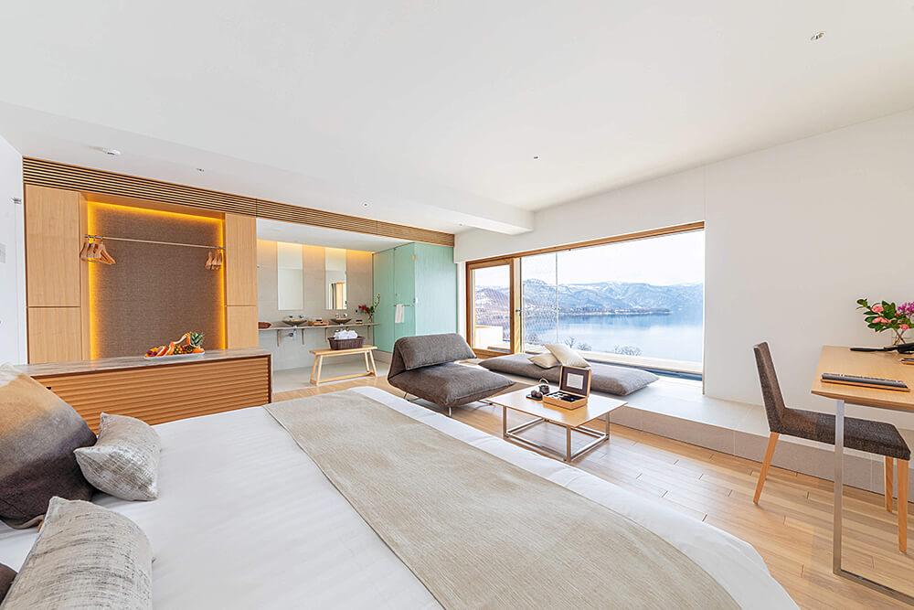 One of the guest rooms inside Japan's new WE Hotel Tōya.
