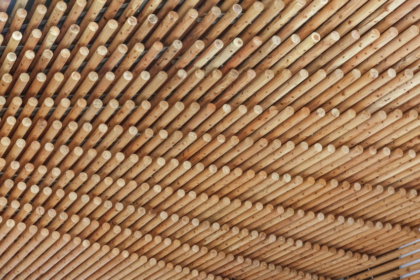 Close-Up of the WE Hotel Tōya's slatted wooden facade.