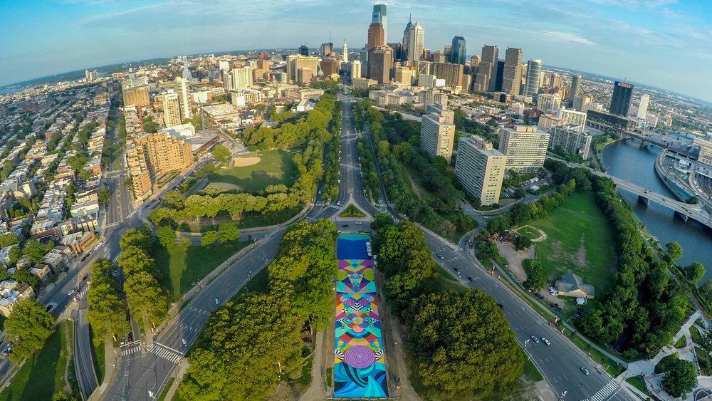 "Summer Kaleidoscope," an op-art mural by artists Jessie and Katey.