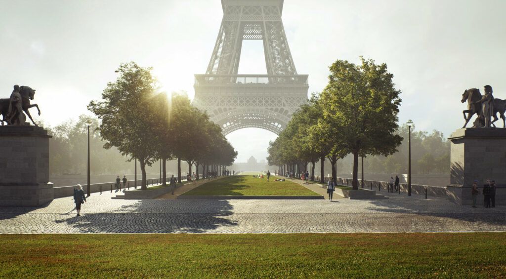 Renderings for Gustafson Porter + Bowman﻿'s upcoming renovation to the grounds and gardens around Paris' iconic Eiffel Tower.