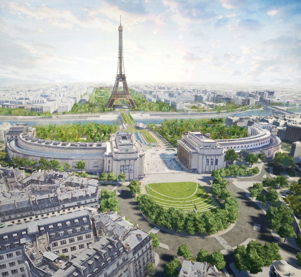 Renderings for Gustafson Porter + Bowman﻿'s upcoming renovation to the grounds and gardens around Paris' iconic Eiffel Tower.