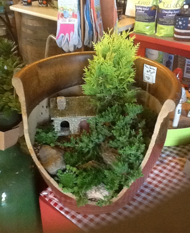 broken pot fairy garden with a tiny tree