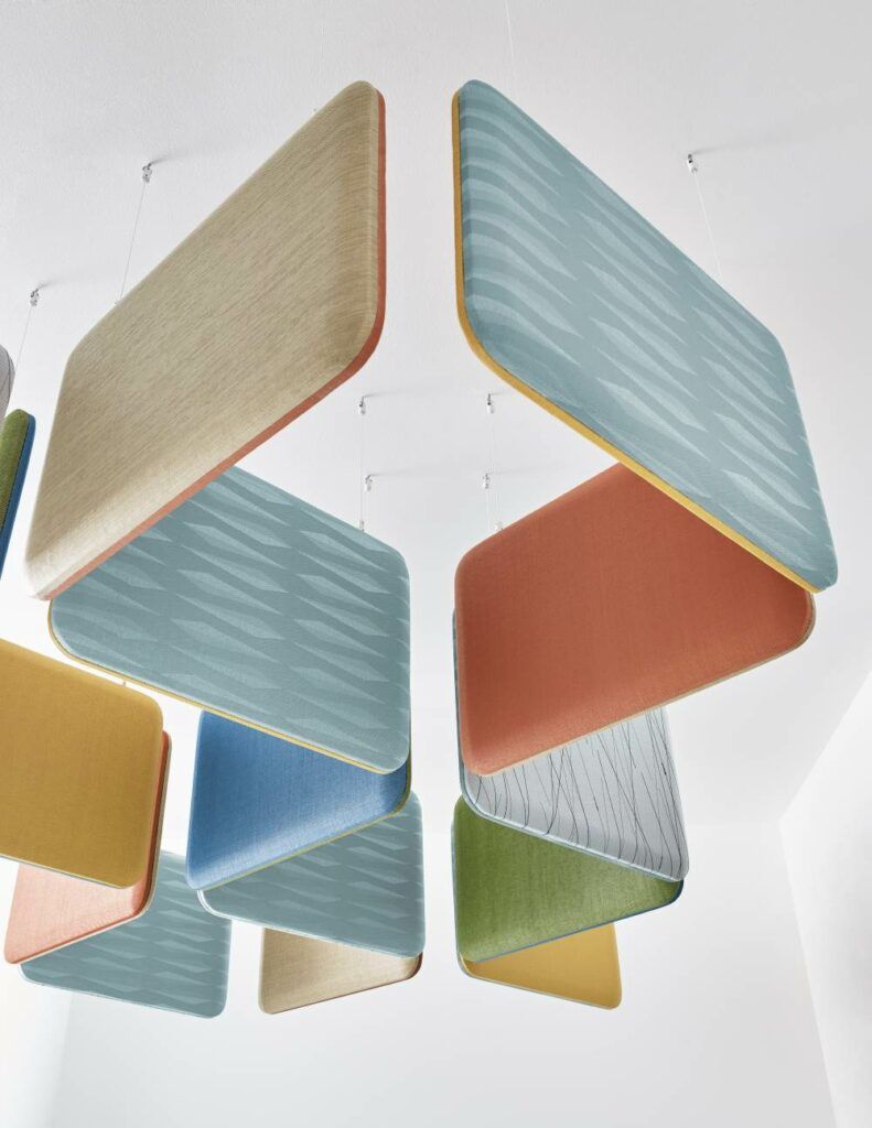 Some of the colorful acoustic panels featured in Carnegie Fabrics' new "Xorel Artform" collection.