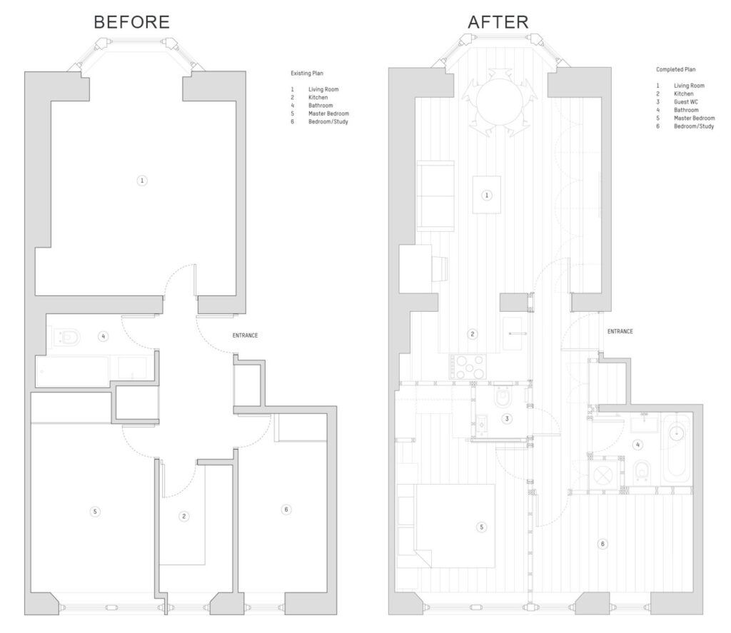Before and after layouts of a tiny Primose Hill apartment.