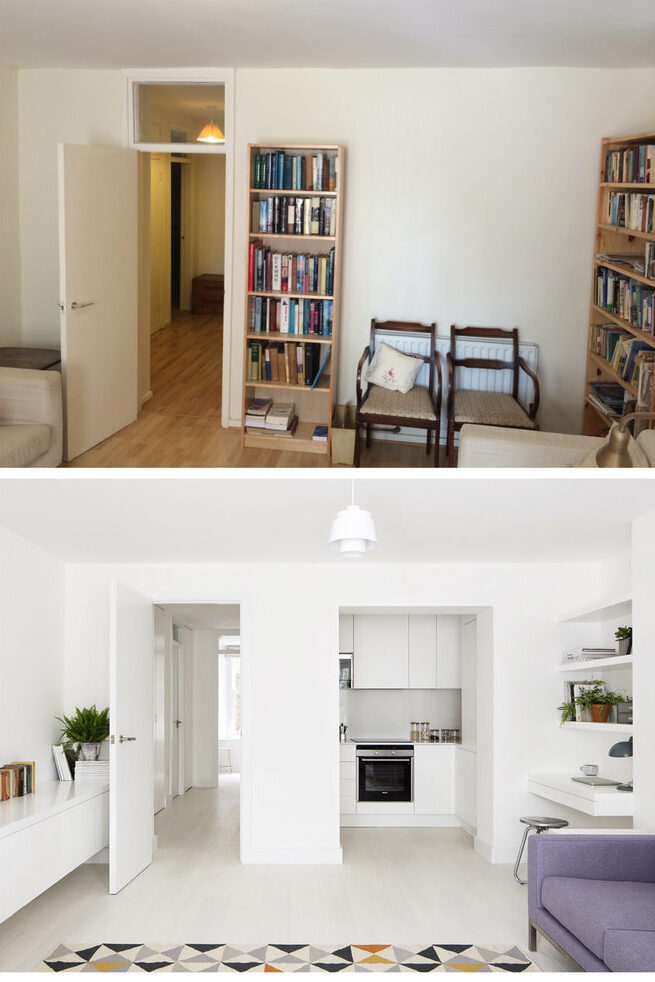 Before and after shots of a tiny Primose Hill apartment, with renovated interiors by Amos Goldreich Architecture.