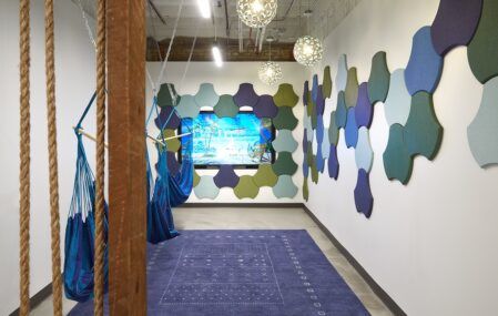 Some of the colorful acoustic panels featured in Carnegie Fabrics' new "Xorel Artform" collection.