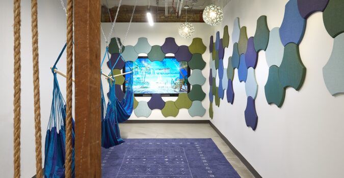 Some of the colorful acoustic panels featured in Carnegie Fabrics' new "Xorel Artform" collection.