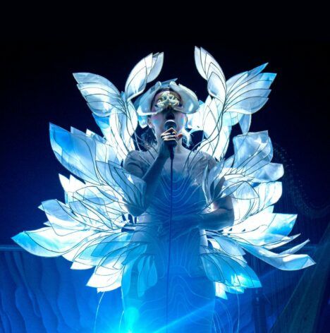 Icelandic singer Bjork wearing a futuristic dress designed by Iris Van Herpen.