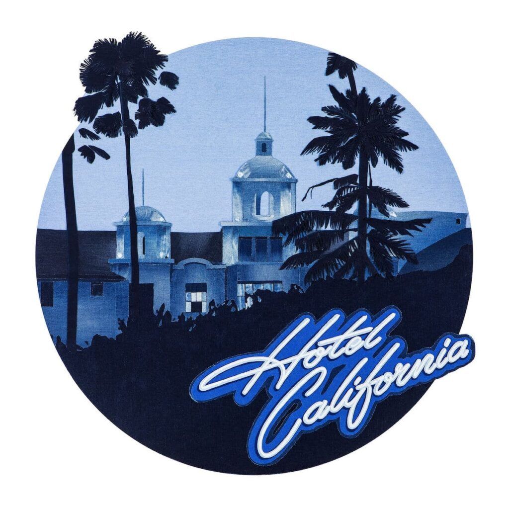 Denim artworks featured in Ian Berry's new "Hotel California" collection.