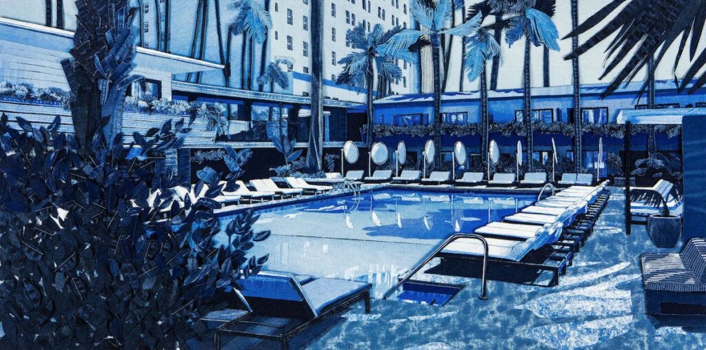Denim artworks featured in Ian Berry's new "Hotel California" collection.
