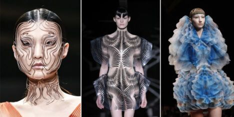 Three examples of Iris Van Herpen's futuristic fashion designs.