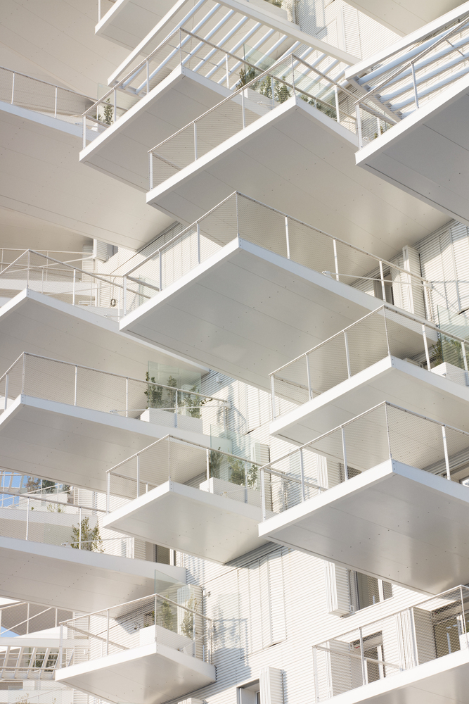 A few of the cantilevered balconies that make up the facade of L’Arbre Blanc Tower.