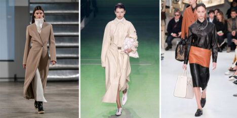Three examples of minimalism in future fashion, as imagined by The Row, Lacoste, and Tod's (left to right).