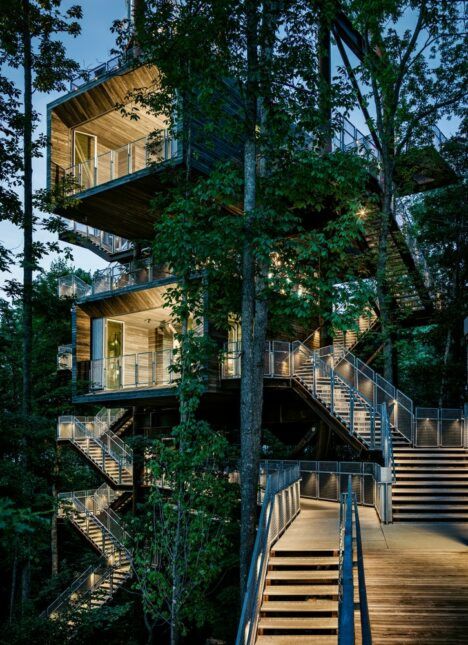 The Sustainability Treehouse at night.