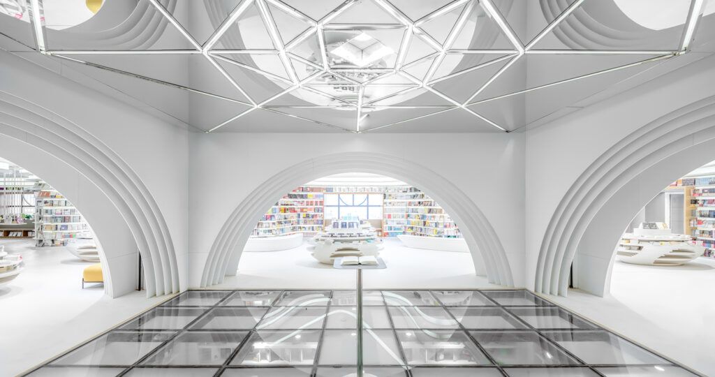 Inside the ultramodern Xi-an Zhongshu Bookstore in China. 