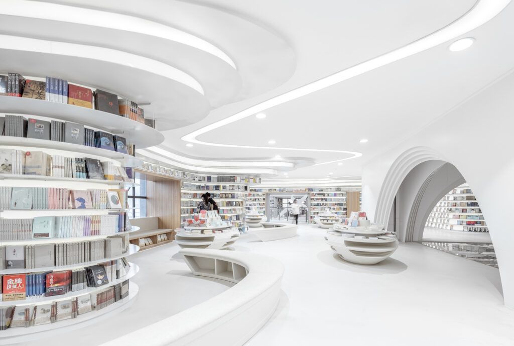 Inside the ultramodern Xi-an Zhongshu Bookstore in China.