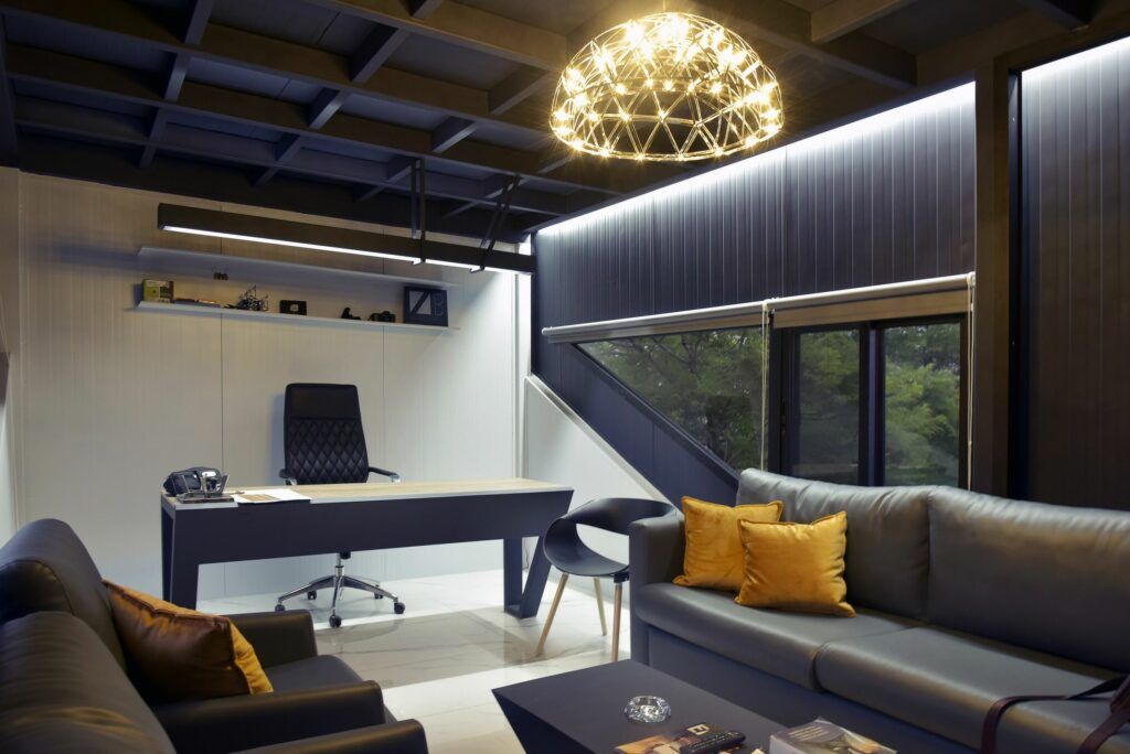 Inside AB Architects' "AB Workspace" prefab office space.