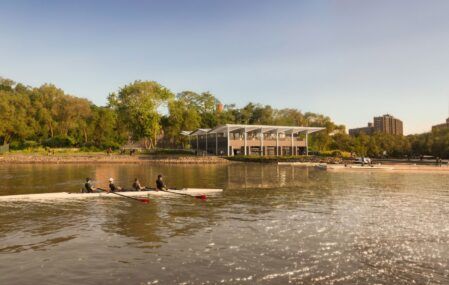 Digital renderings of the timber boathouse being built by Foster + Partners on the Harlem River shoreline.
