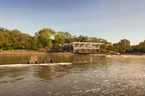 Digital renderings of the timber boathouse being built by Foster + Partners on the Harlem River shoreline.