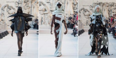 Three space-age fashion designs by Rick Owens.