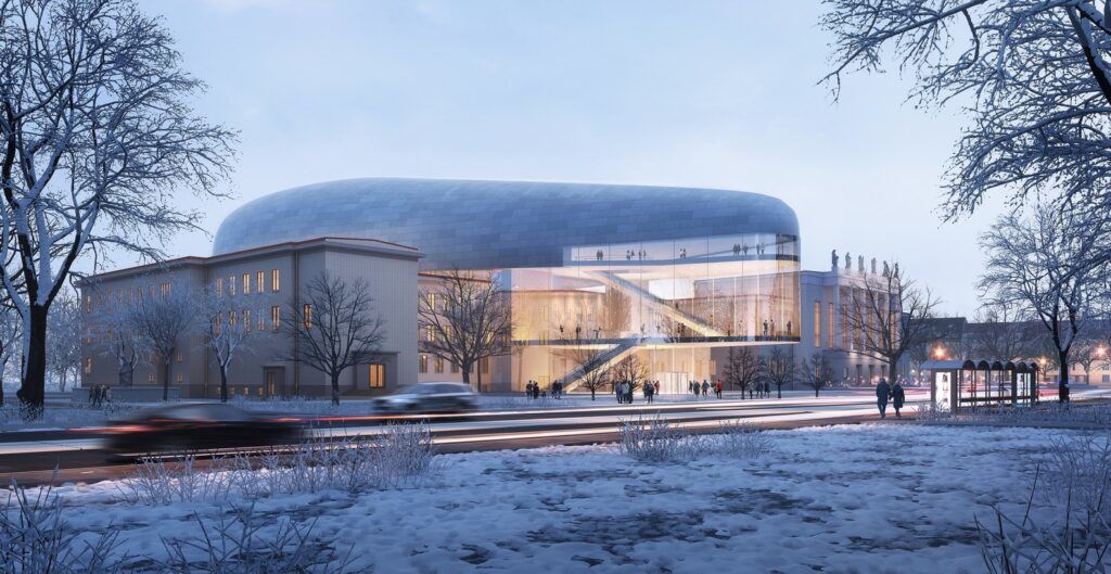 Exterior shot of "Encased," Steven Holl Architects' ultramodern addition to the Ostrava Concert Hall.