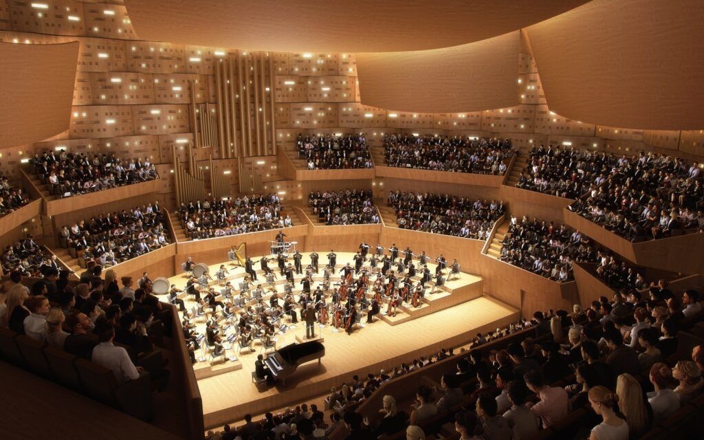 Inside Steven Holl Architects' ultramodern "Encased" concert hall addition.