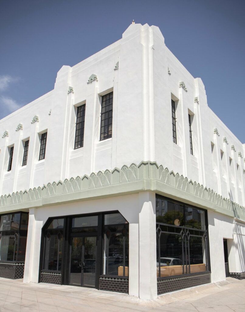 Exterior shot of the Five Leaves L.A. restaurant's art deco building.