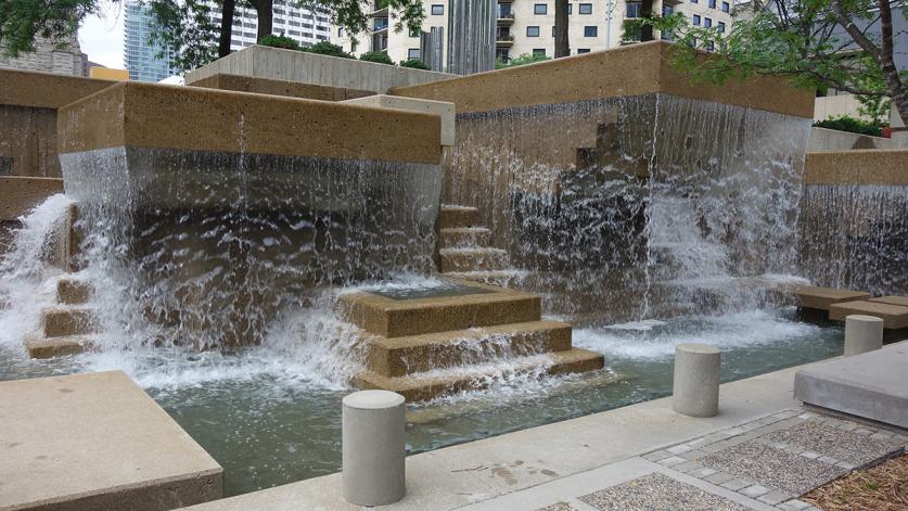 A fountain inside Minneapolis' newly reopened Peavy Plaza